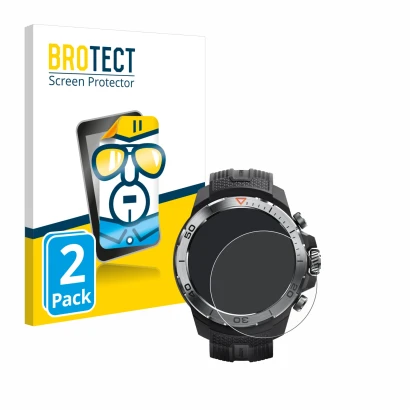 Vorderseite einer Produktverpackung mit dem Markenlogo BROTECT. Daneben ist das Gerät Xiaomi Mibro GS Explorer mit dem zugehör