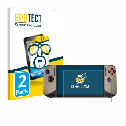 Vorderseite einer Produktverpackung mit dem Markenlogo BROTECT. Daneben ist das Gerät MSI Claw 8 AI+ mit dem zugehörigen Displ