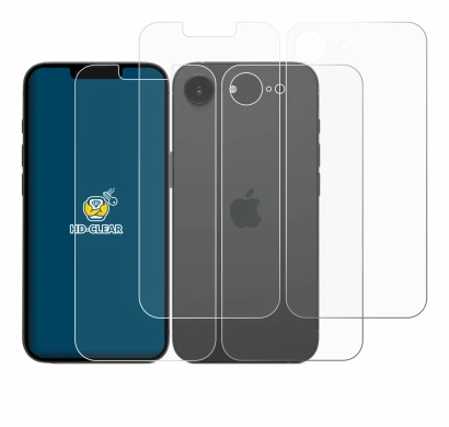 Abbildung des Geräts Apple iPhone 16e (Display+Rückseite) mit einer Vielzahl des Displayschutzes.