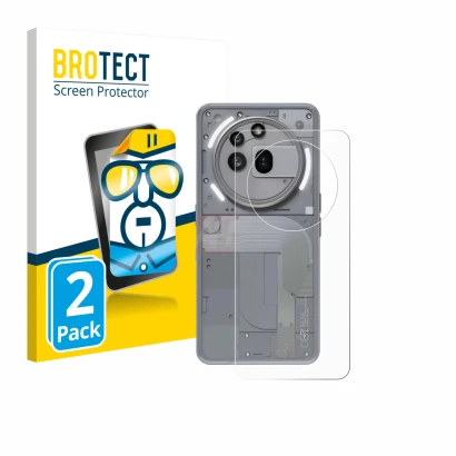 Vorderseite einer Produktverpackung mit dem Markenlogo BROTECT. Daneben ist das Gerät Nothing Phone (3a) Pro (Rückseite) mit d