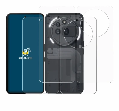 Abbildung des Geräts Nothing Phone (3a) Pro (Display+Rückseite) mit einer Vielzahl des Displayschutzes.