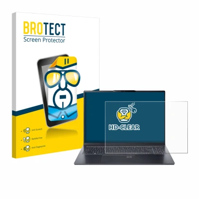 Vorderseite einer Produktverpackung mit dem Markenlogo BROTECT. Daneben ist das Gerät Acer Swift Go 16 AI mit dem zugehörigen 