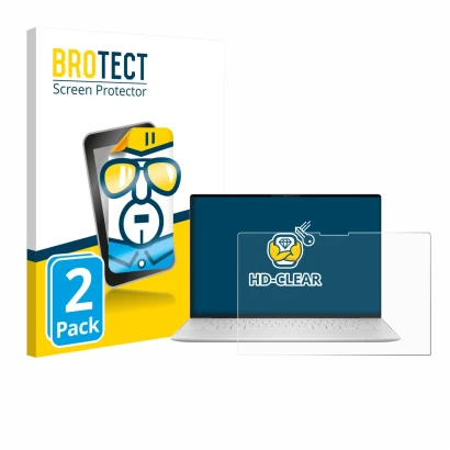 Vorderseite einer Produktverpackung mit dem Markenlogo BROTECT. Daneben ist das Gerät Dell XPS 13 9350 2024 mit dem zugehörige