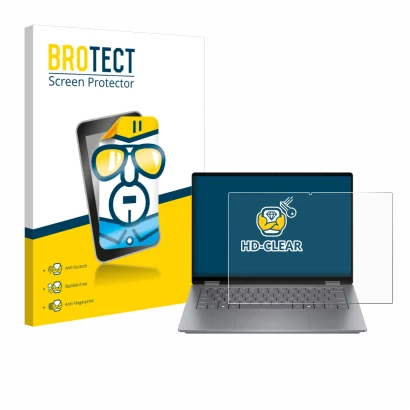 Vorderseite einer Produktverpackung mit dem Markenlogo BROTECT. Daneben ist das Gerät HP OmniBook X Flip 14 mit dem zugehörige