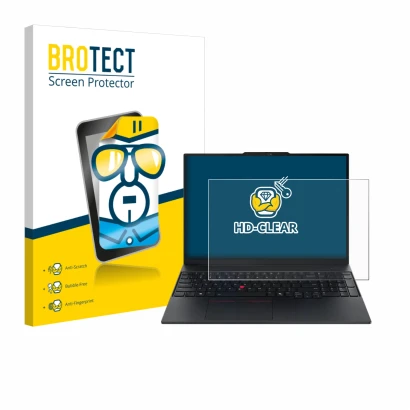 Vorderseite einer Produktverpackung mit dem Markenlogo BROTECT. Daneben ist das Gerät Lenovo ThinkPad E16 Gen 3 mit dem zugehö