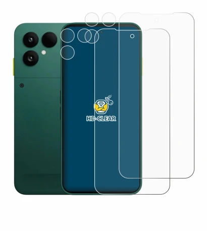Abbildung des Geräts Fairphone 6 (Display+Kamera) mit einer Vielzahl des Displayschutzes.
