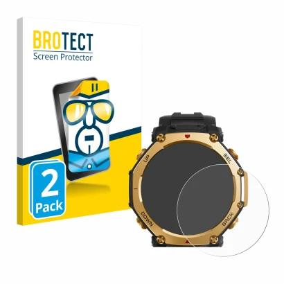 Vorderseite einer Produktverpackung mit dem Markenlogo BROTECT. Daneben ist das Gerät Huami Amazfit T-Rex 3 Pro (48 mm) mit de