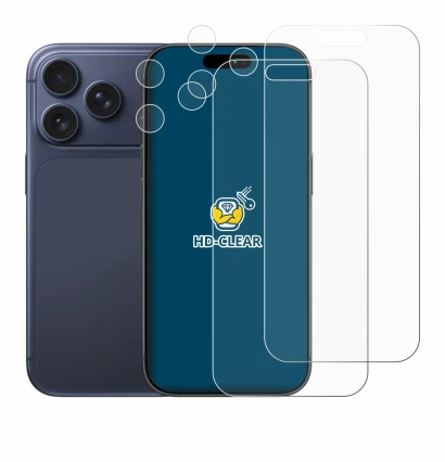 Abbildung des Geräts Apple iPhone 17 Pro (Display+Kamera) mit einer Vielzahl des Displayschutzes.