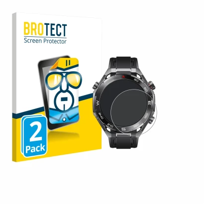 Vorderseite einer Produktverpackung mit dem Markenlogo BROTECT. Daneben ist das Gerät Huawei Watch Ultimate 2 Black mit dem zu
