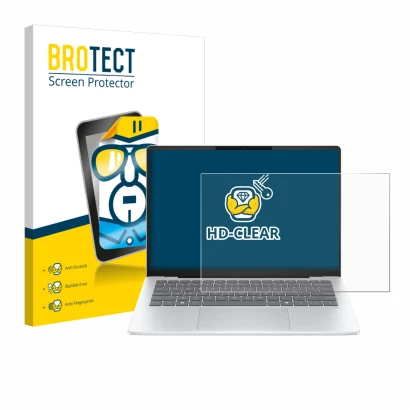 Vorderseite einer Produktverpackung mit dem Markenlogo BROTECT. Daneben ist das Gerät HP OmniBook 5 14 mit dem zugehörigen Dis