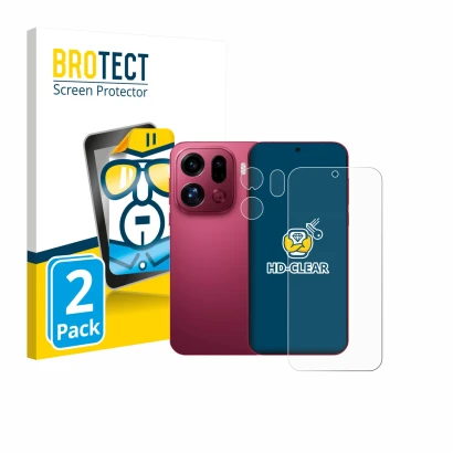 Vorderseite einer Produktverpackung mit dem Markenlogo BROTECT. Daneben ist das Gerät Oppo Find X9 Pro (Display+Kamera) mit de