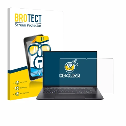 Vorderseite einer Produktverpackung mit dem Markenlogo BROTECT. Daneben ist das Gerät Acer Swift X 14 SFX14-73G Touch mit dem 