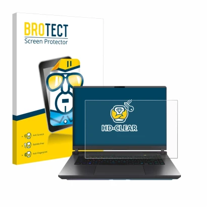 Vorderseite einer Produktverpackung mit dem Markenlogo BROTECT. Daneben ist das Gerät ASUS ROG Strix G16 2025 mit dem zugehöri