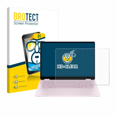 Vorderseite einer Produktverpackung mit dem Markenlogo BROTECT. Daneben ist das Gerät HP OmniBook 5 Flip 14 14-fp0153ng mit de