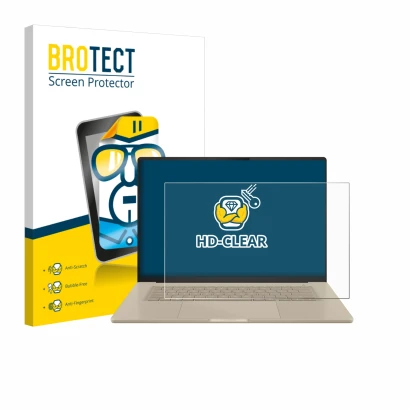 Vorderseite einer Produktverpackung mit dem Markenlogo BROTECT. Daneben ist das Gerät ASUS ZenBook A16 UX3607 mit dem zugehöri