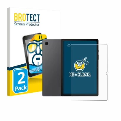 Vorderseite einer Produktverpackung mit dem Markenlogo BROTECT. Daneben ist das Gerät Samsung Galaxy Tab A8 (Display+Kamera) m