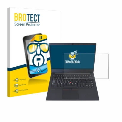 Vorderseite einer Produktverpackung mit dem Markenlogo BROTECT. Daneben ist das Gerät Lenovo ThinkPad E14 Gen 1 mit dem zugehö