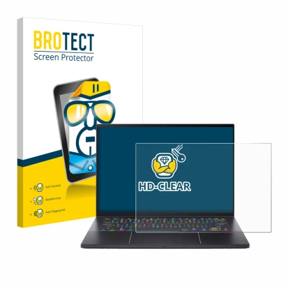 Vorderseite einer Produktverpackung mit dem Markenlogo BROTECT. Daneben ist das Gerät Acer Predator Triton 14 AI mit dem zugeh