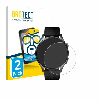 Vorderseite einer Produktverpackung mit dem Markenlogo BROTECT. Daneben ist das Gerät Xiaomi Watch 5 (47 mm) mit dem zugehörig