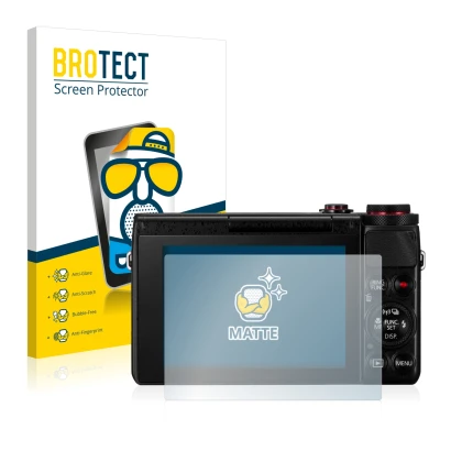 Vorderseite einer Produktverpackung mit dem Markenlogo BROTECT. Daneben ist das Gerät Canon PowerShot G7 X G7X mit dem zugehör