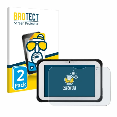 Vorderseite einer Produktverpackung mit dem Markenlogo BROTECT. Daneben ist das Gerät Panasonic Toughpad FZ-M1 mit dem zugehör