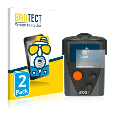 Vorderseite einer Produktverpackung mit dem Markenlogo BROTECT. Daneben ist das Gerät Swissphone Boss 910 mit dem zugehörigen 