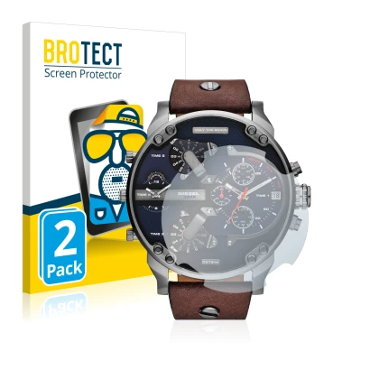 Vorderseite einer Produktverpackung mit dem Markenlogo BROTECT. Daneben ist das Gerät Diesel DZ7314 Mr. Daddy mit dem zugehöri