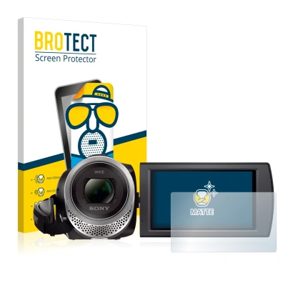 Vorderseite einer Produktverpackung mit dem Markenlogo BROTECT. Daneben ist das Gerät Sony FDR-AX53 mit dem zugehörigen Displa