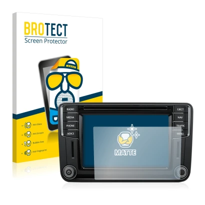 Vorderseite einer Produktverpackung mit dem Markenlogo BROTECT. Daneben ist das Gerät Volkswagen T6 2016 Discover Media Plus 2