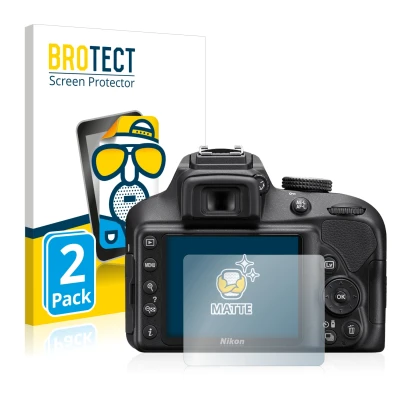 Vorderseite einer Produktverpackung mit dem Markenlogo BROTECT. Daneben ist das Gerät Nikon D3400 mit dem zugehörigen Displays