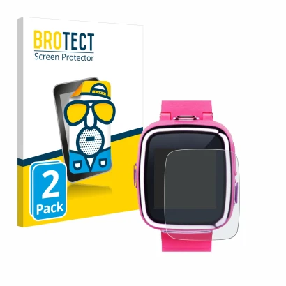 Vorderseite einer Produktverpackung mit dem Markenlogo BROTECT. Daneben ist das Gerät Vtech Kidizoom Smart Watch 2 mit dem zug
