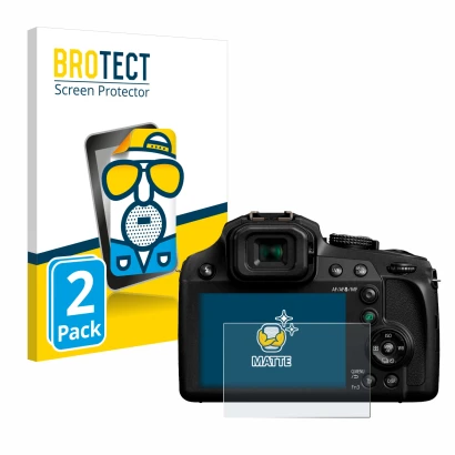 Vorderseite einer Produktverpackung mit dem Markenlogo BROTECT. Daneben ist das Gerät Panasonic Lumix DC-FZ82 mit dem zugehöri