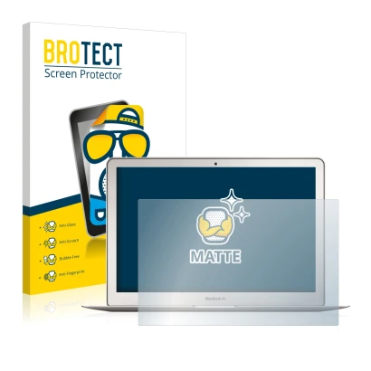 Vorderseite einer Produktverpackung mit dem Markenlogo BROTECT. Daneben ist das Gerät Apple MacBook Air 13" (Anfang 2015) mit
