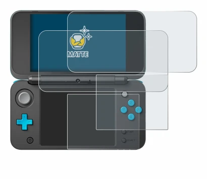 Abbildung des Geräts New Nintendo 2DS XL mit einer Vielzahl des Displayschutzes.