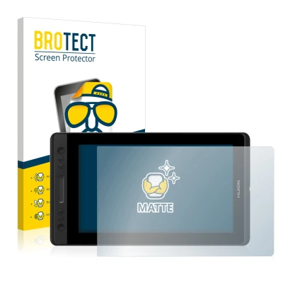 Vorderseite einer Produktverpackung mit dem Markenlogo BROTECT. Daneben ist das Gerät Huion Kamvas Pro 13 mit dem zugehörigen 