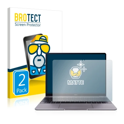 Vorderseite einer Produktverpackung mit dem Markenlogo BROTECT. Daneben ist das Gerät Huawei MateBook 13 2019 mit dem zugehöri