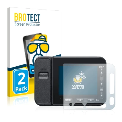 Vorderseite einer Produktverpackung mit dem Markenlogo BROTECT. Daneben ist das Gerät Sony DSC-RX0M2 (RX0 II) mit dem zugehöri