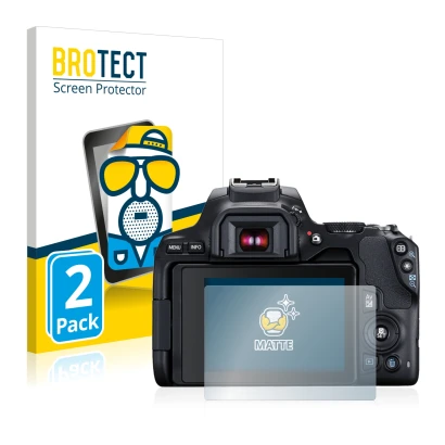 Vorderseite einer Produktverpackung mit dem Markenlogo BROTECT. Daneben ist das Gerät Canon EOS 250D mit dem zugehörigen Displ