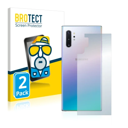 Vorderseite einer Produktverpackung mit dem Markenlogo BROTECT. Daneben ist das Gerät Samsung Galaxy Note 10 Plus (Rückseite) 