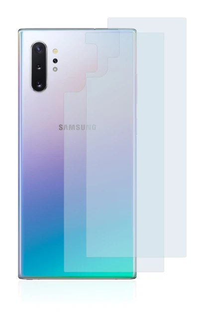 Abbildung des Geräts Samsung Galaxy Note 10 Plus (Rückseite) mit einer Vielzahl des Displayschutzes.