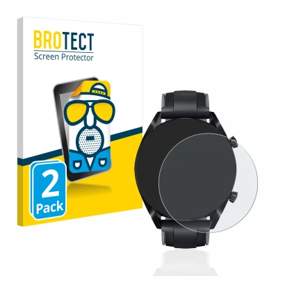 Vorderseite einer Produktverpackung mit dem Markenlogo BROTECT. Daneben ist das Gerät Huawei Watch GT 2 (46 mm) mit dem zugehö
