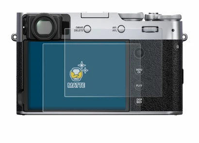 Abbildung des Geräts Fujifilm X100V mit einer Vielzahl des Displayschutzes.