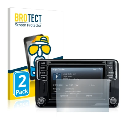 Vorderseite einer Produktverpackung mit dem Markenlogo BROTECT. Daneben ist das Gerät Volkswagen Amarok Discover Media 6.5" 20