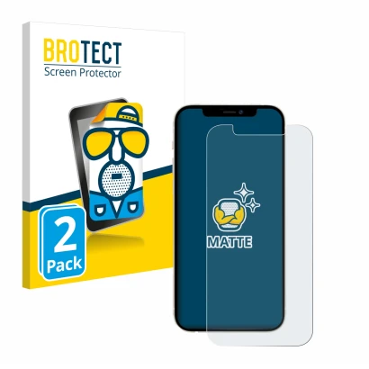 Vorderseite einer Produktverpackung mit dem Markenlogo BROTECT. Daneben ist das Gerät Apple iPhone 12 mit dem zugehörigen Disp