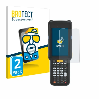 Vorderseite einer Produktverpackung mit dem Markenlogo BROTECT. Daneben ist das Gerät Zebra MC330L mit dem zugehörigen Display