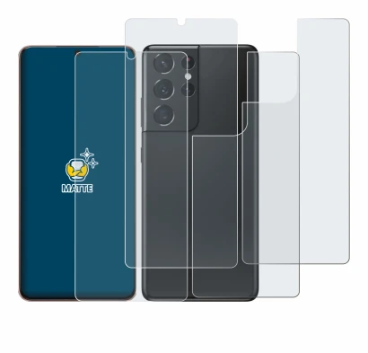Abbildung des Geräts Samsung Galaxy S21 Ultra 5G (Display+Rückseite) mit einer Vielzahl des Displayschutzes.