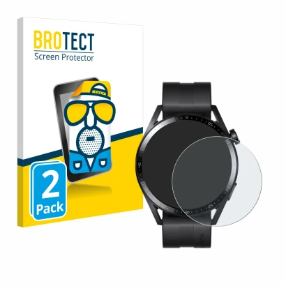 Vorderseite einer Produktverpackung mit dem Markenlogo BROTECT. Daneben ist das Gerät Huawei Watch GT 3 (46 mm) mit dem zugehö