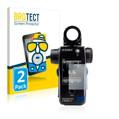 Vorderseite einer Produktverpackung mit dem Markenlogo BROTECT. Daneben ist das Gerät Sekonic L858D mit dem zugehörigen Displa