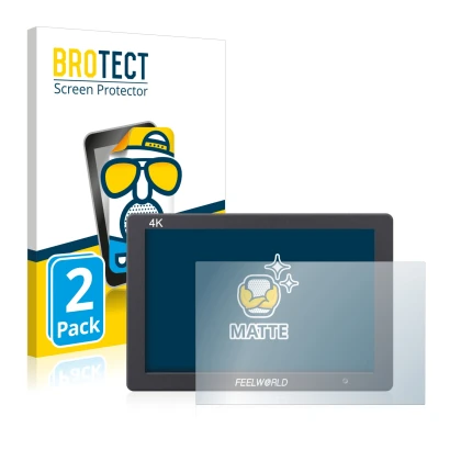 Vorderseite einer Produktverpackung mit dem Markenlogo BROTECT. Daneben ist das Gerät Feelworld FW279 7" mit dem zugehörigen D