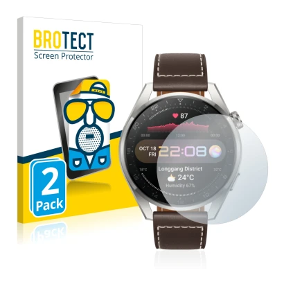 Vorderseite einer Produktverpackung mit dem Markenlogo BROTECT. Daneben ist das Gerät Huawei Watch 3 Pro mit dem zugehörigen D